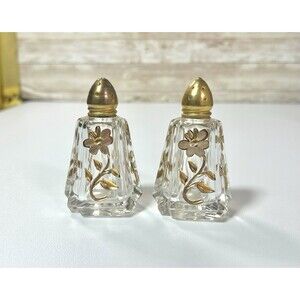 Vintage West Germany Glass Salt Pepper Shakers Gold Tone Flower and Lids